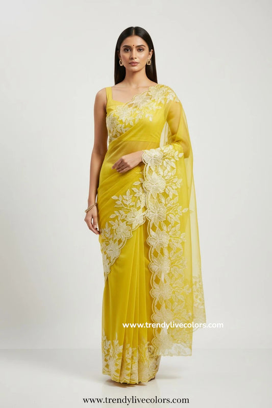 Yellow Floral Organza saree